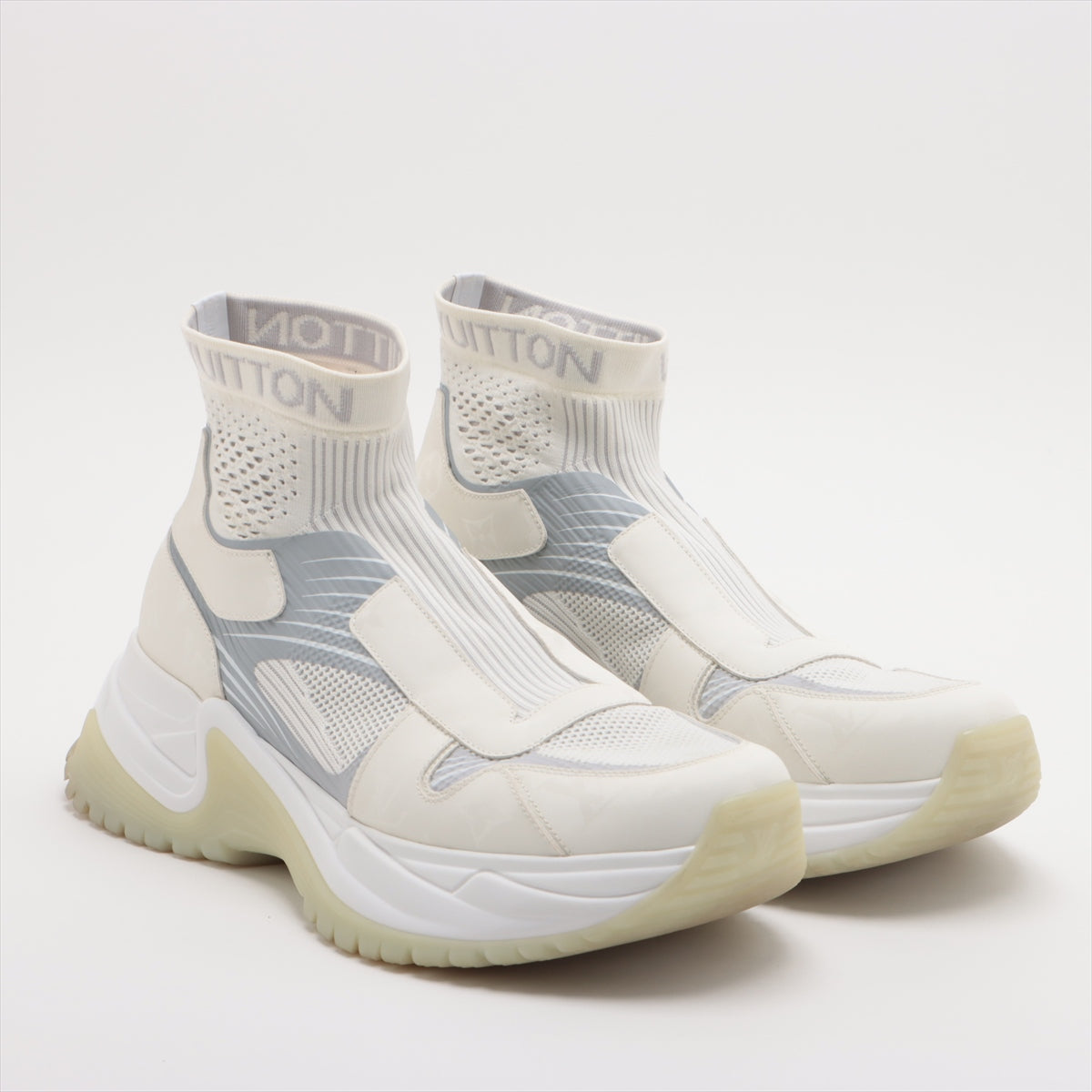 Louis Vuitton Runaway pulse line Fabric High-top Sneakers 9 Men's White Monogram Socks sneakers