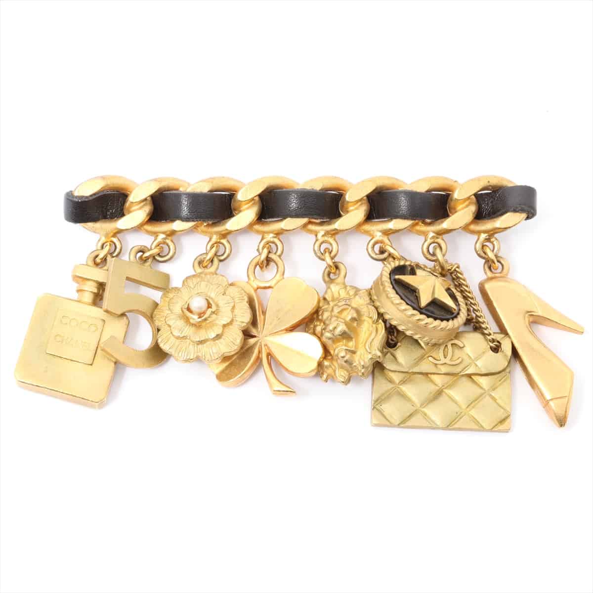 Chanel Brooch GP & Leather Black×Gold 94P