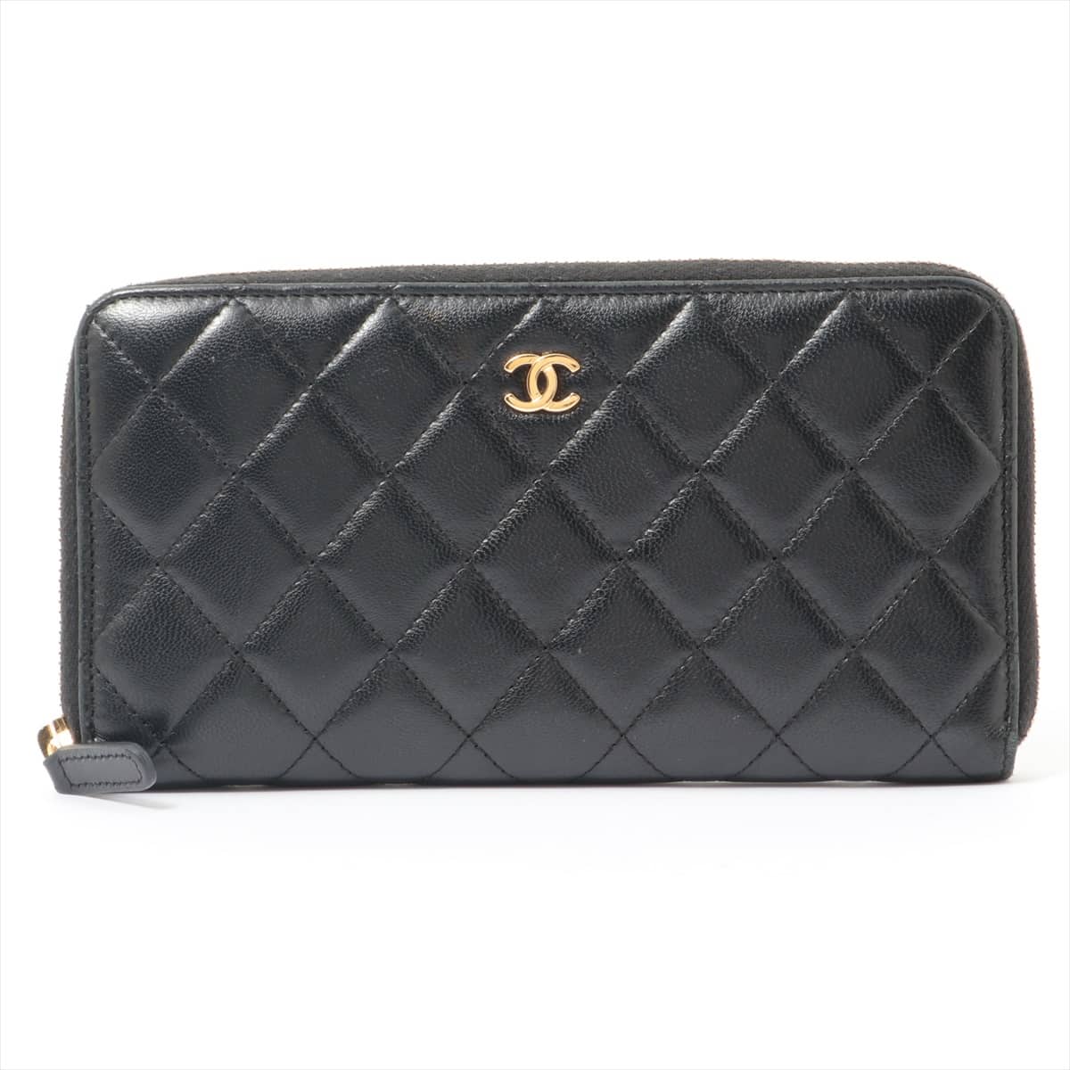 Chanel Matelasse Lambskin Round-Zip-Wallet Black Gold Metal fittings 19XXXXXX