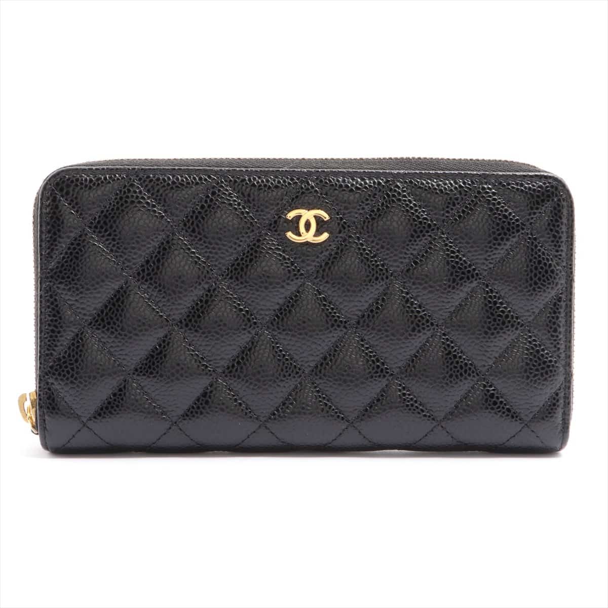 Chanel Matelasse Caviarskin Round-Zip-Wallet Black Gold Metal fittings 24XXXXXX