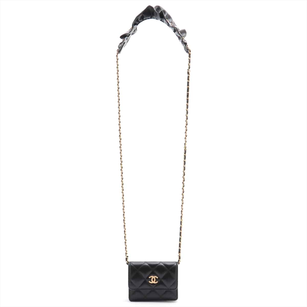 Chanel Matelasse Lambskin Card Case Chain shoulder Black Gold Metal fittings 30