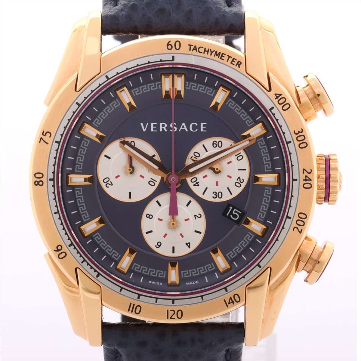VERSACE Chronograph GP & Leather QZ Blue-Face Extra-Link 5