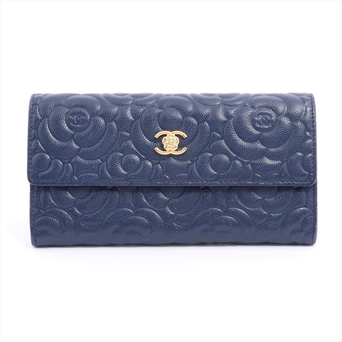 Chanel Camelia Caviarskin Wallet Navy blue Gold Metal fittings 22XXXXXX