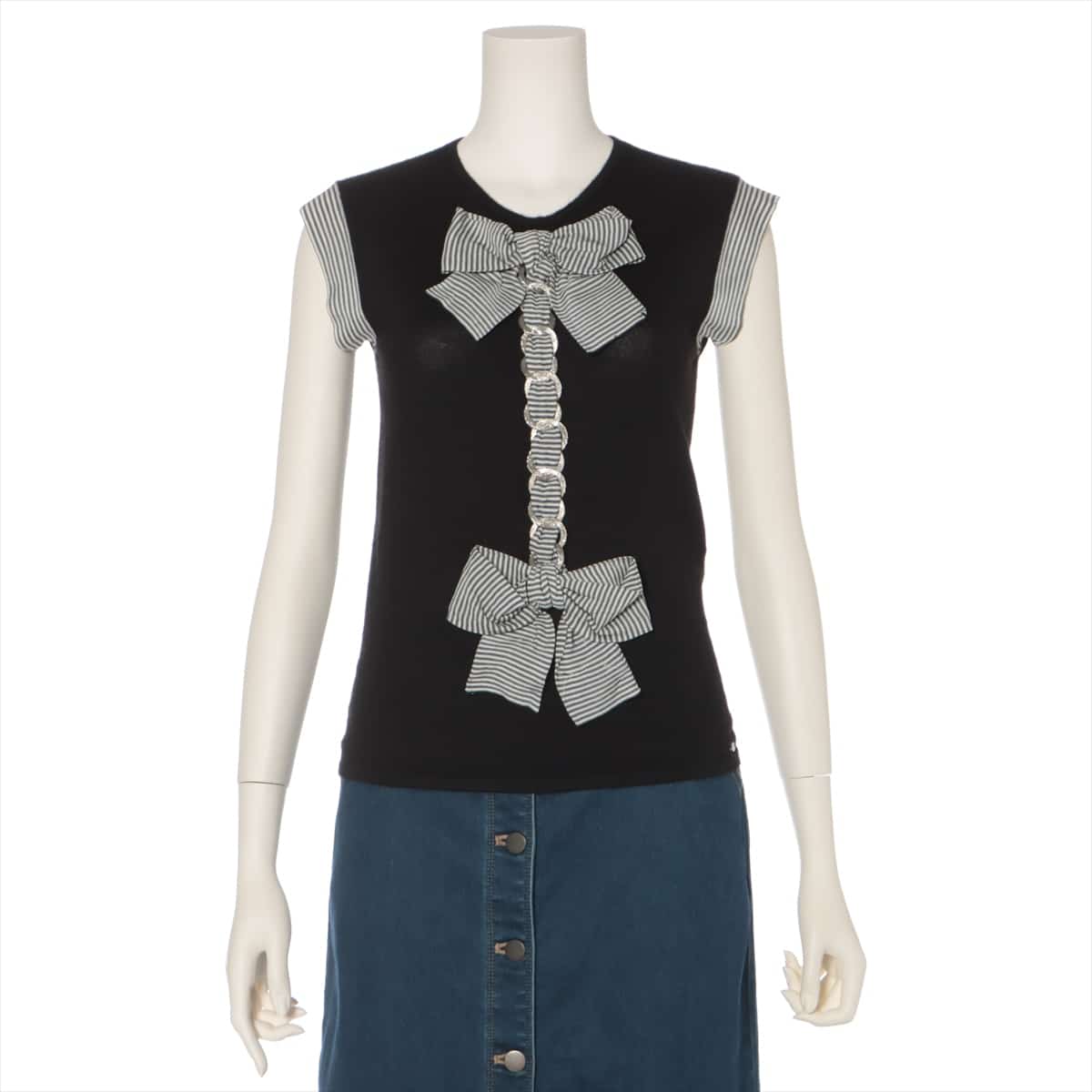 Chanel Coco Mark 07P Cashmere & Silk Short Sleeve Knitwear 34 Ladies' Black  Ribbon