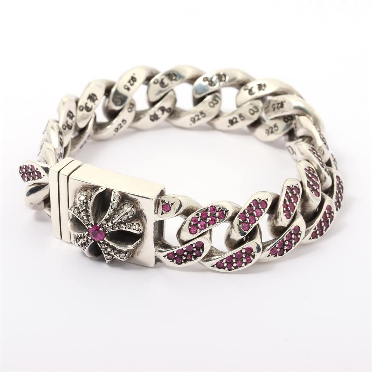 Chrome Hearts Classic chain link Bracelet 925 74.5g CH plus box id Pink sapphire