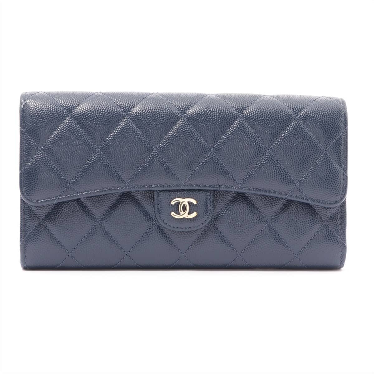 Chanel Matelasse Caviarskin Wallet Navy blue Gold Metal fittings 29th