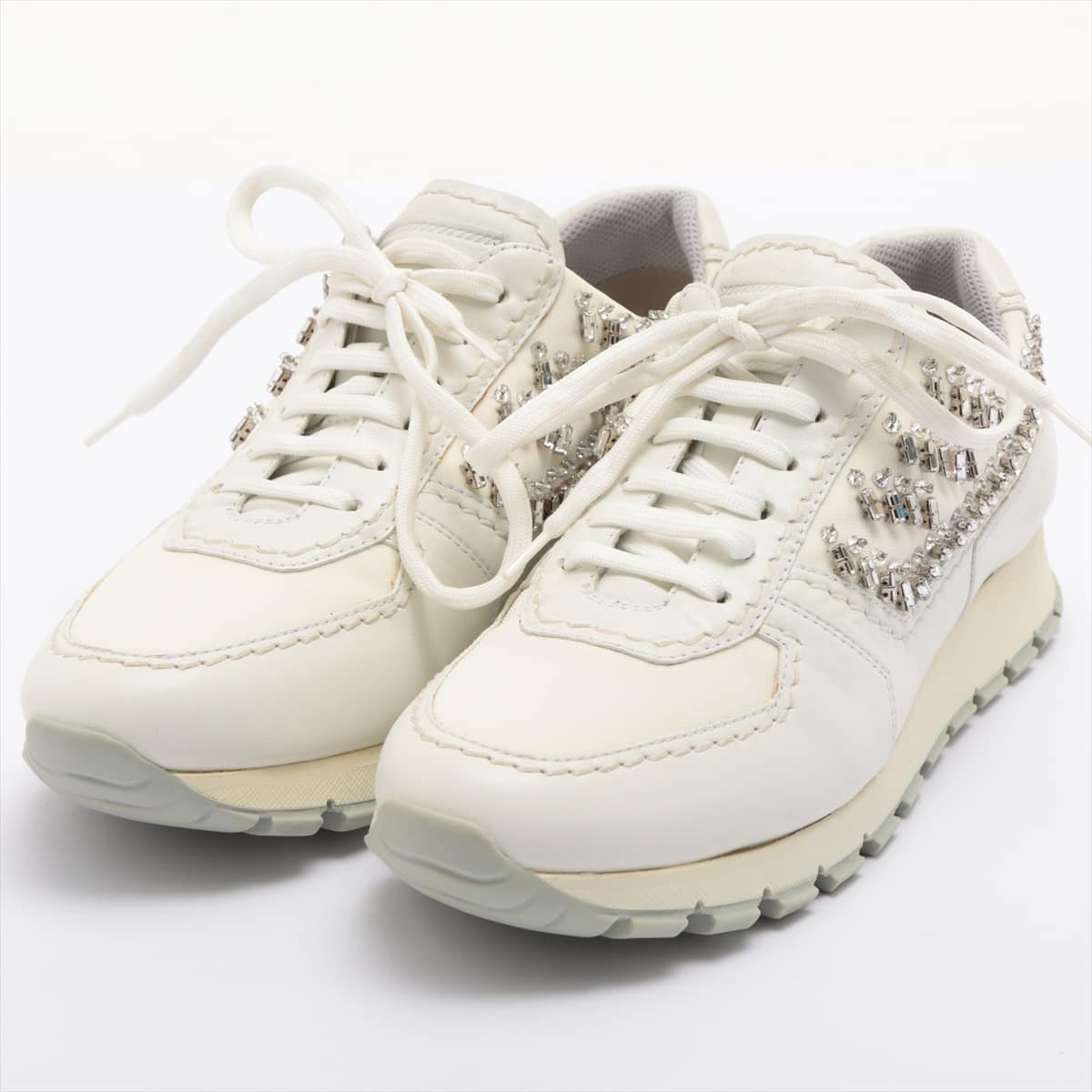 Prada Nylon & Leather Sneakers 37 1/2 Ladies' White Bijou decoration