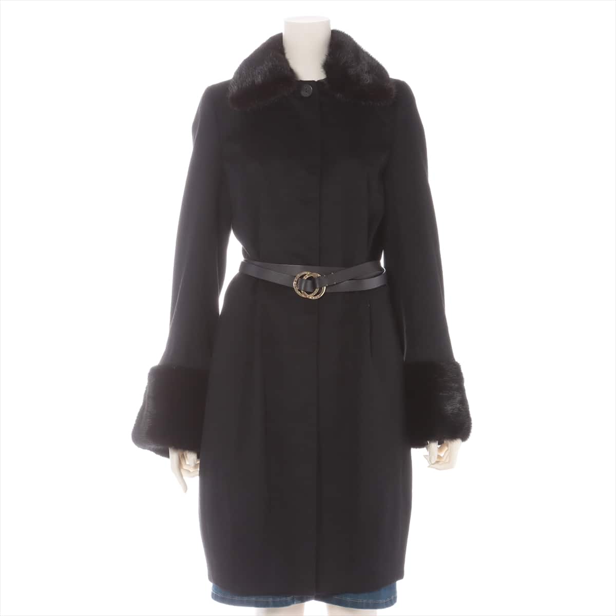 Loewe Cashmere Half coat 38 Ladies' Black  Accessories sleeve fur belted
