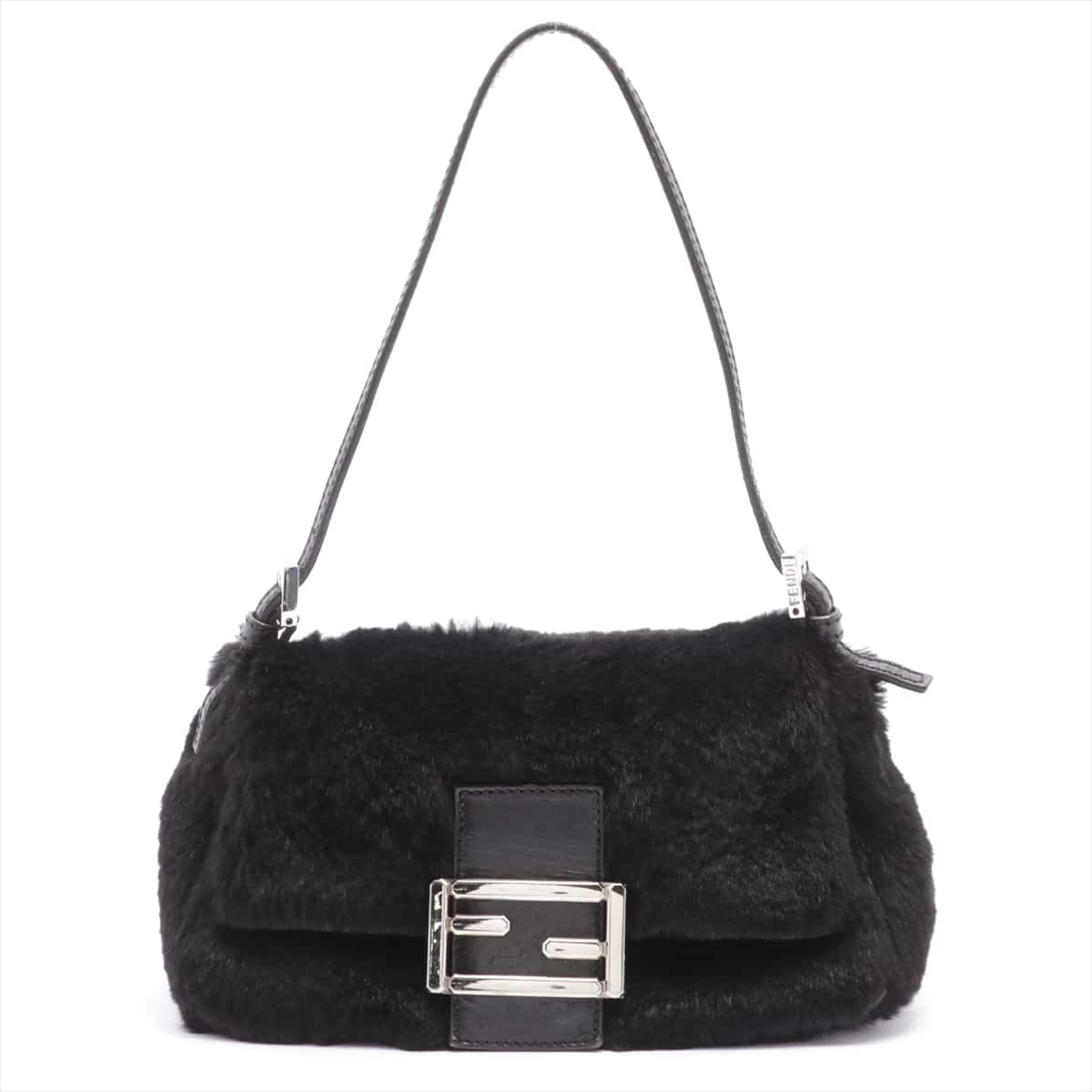 Fendi Mamma Baguette Fur Hand bag Black 8BR180