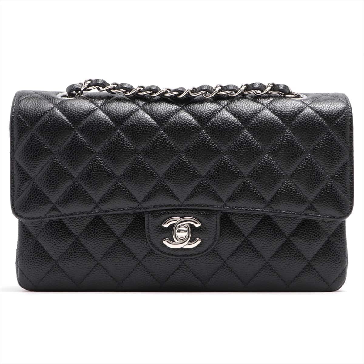 Chanel Matelasse Caviarskin Double flap Double chain handbag Black Silver Metal fittings 30