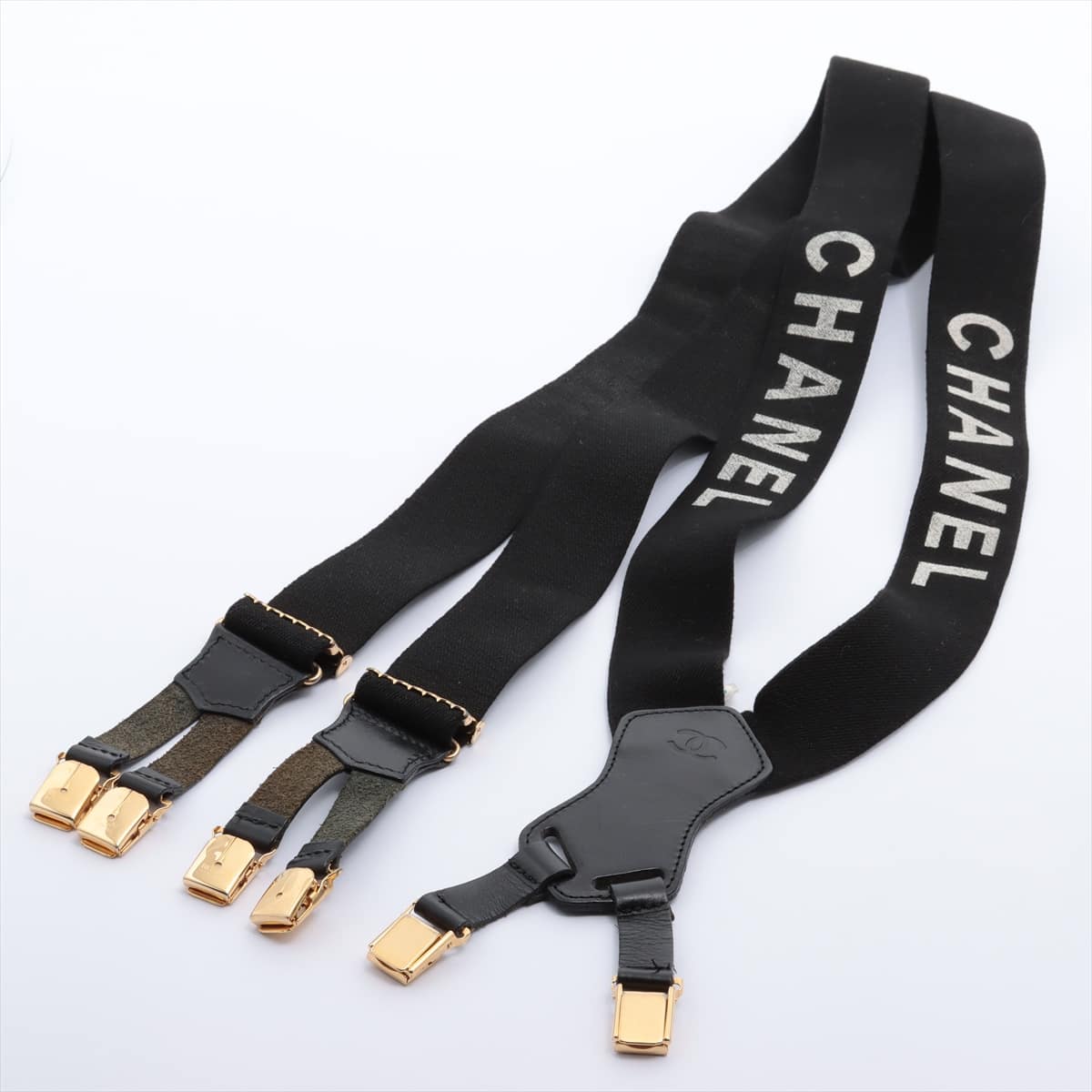 Chanel Logo Suspenders Cotton & Peather Black