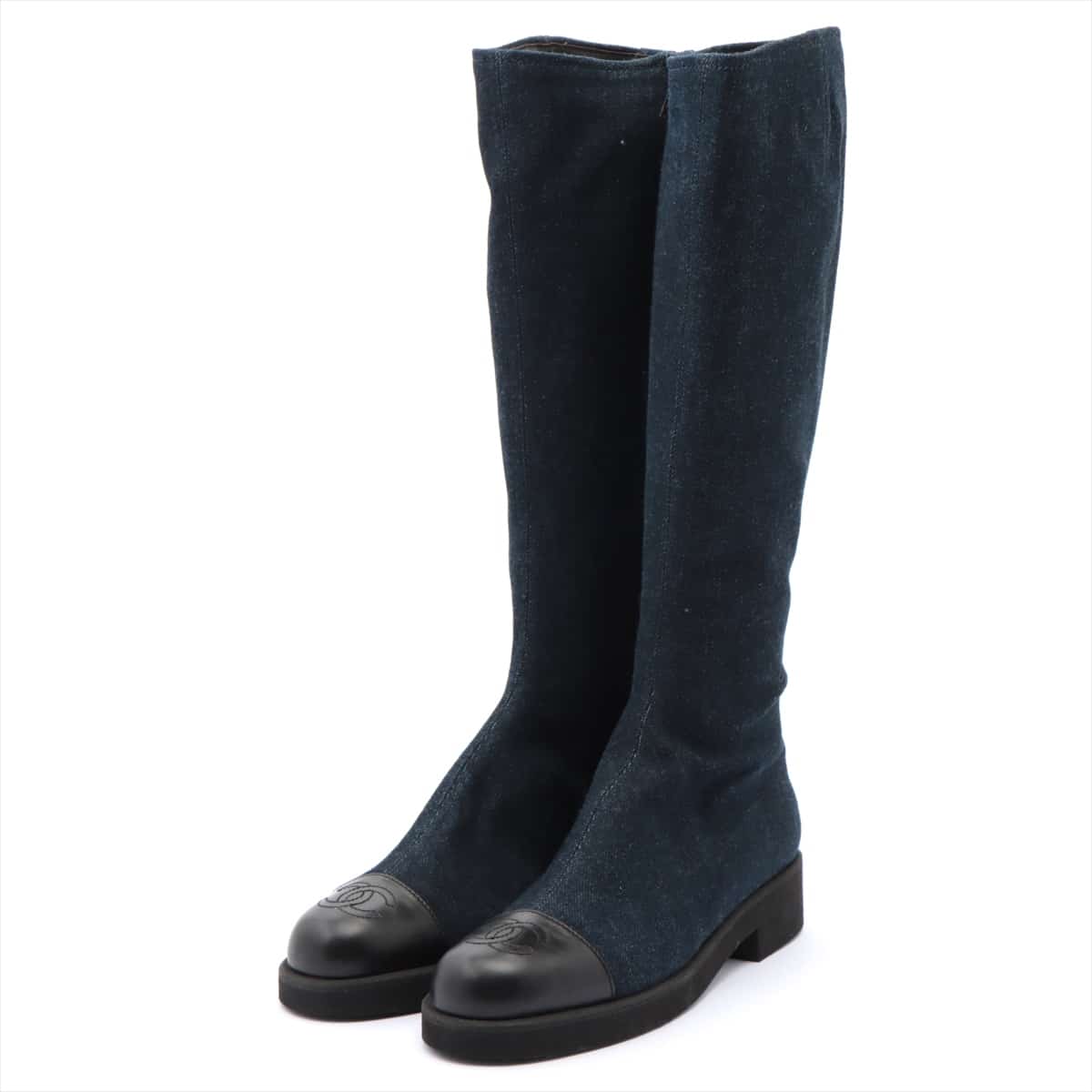 Chanel Denim Long boots 8 Ladies' Navy blue Coco Mark