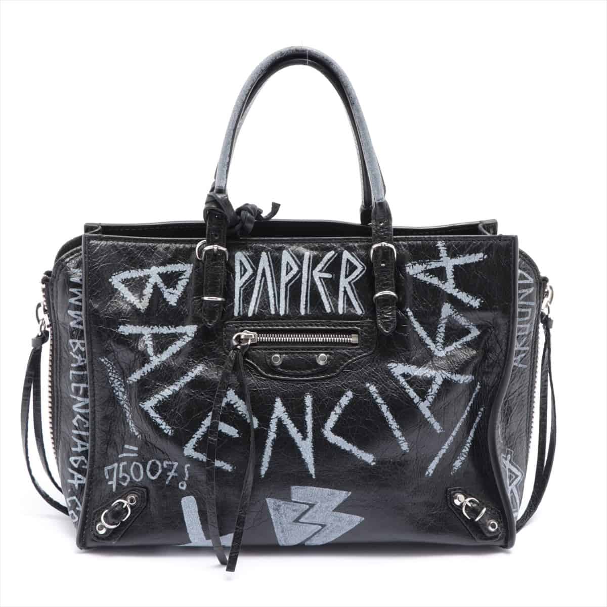 Balenciaga The paper mini Graffiti Leather Hand bag Black 370926