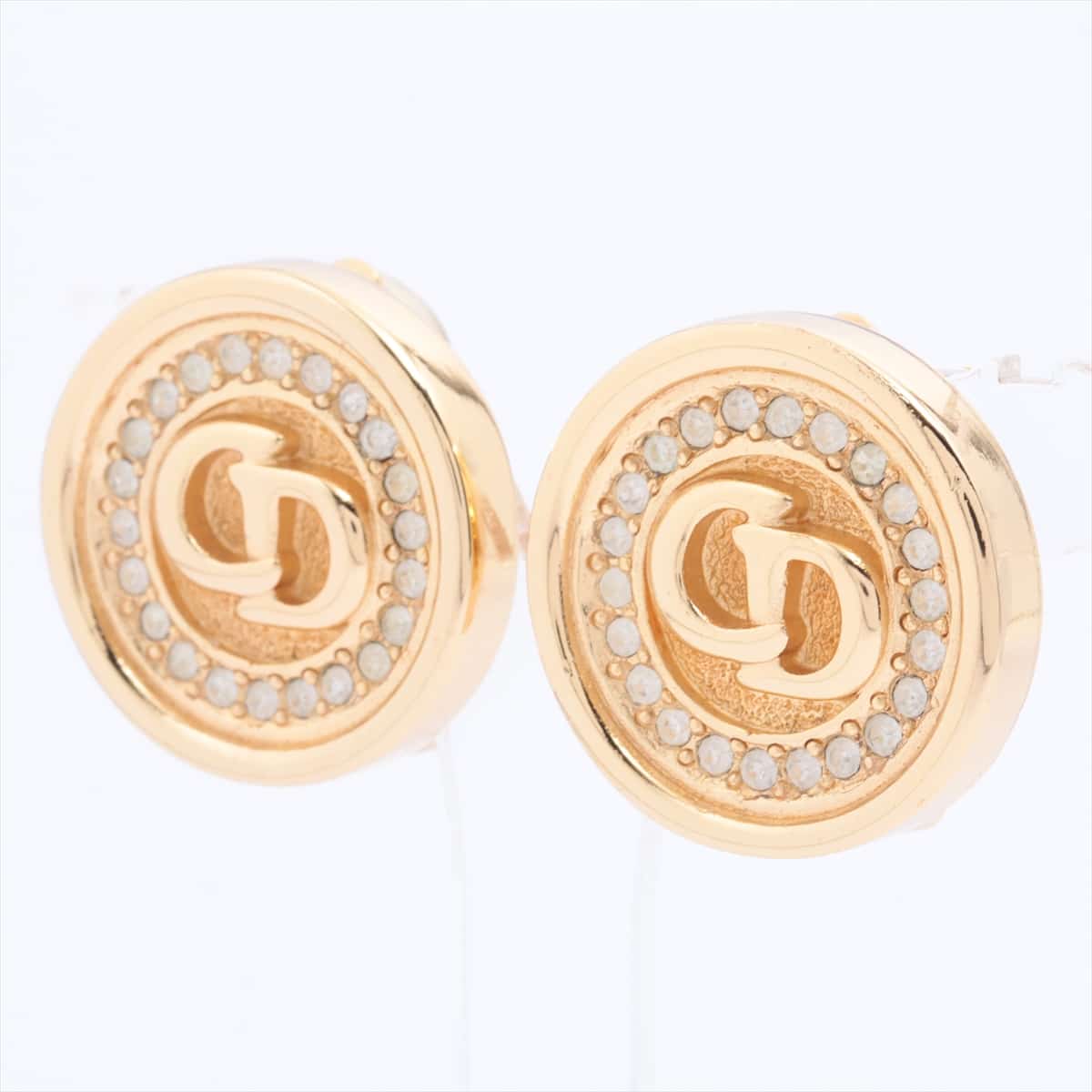Christian Dior CD logo Earrings (for both ears) GP Gold Rhinestone