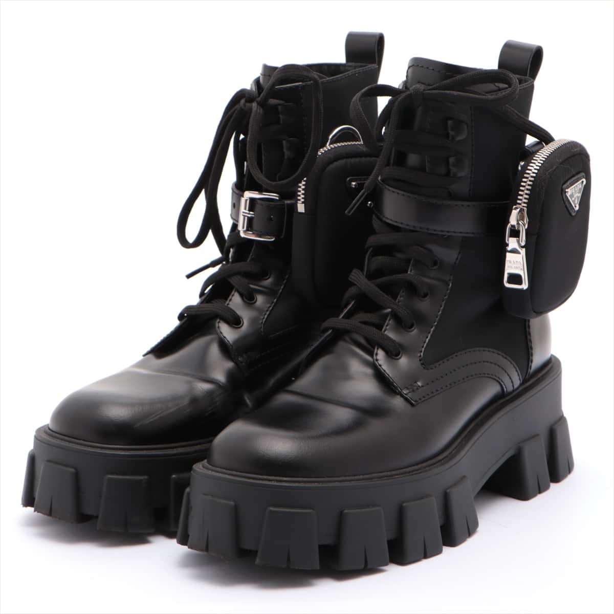 Prada Nylon & Leather Boots 38 Unisex Black Monolith Detachable pouch 1T255M