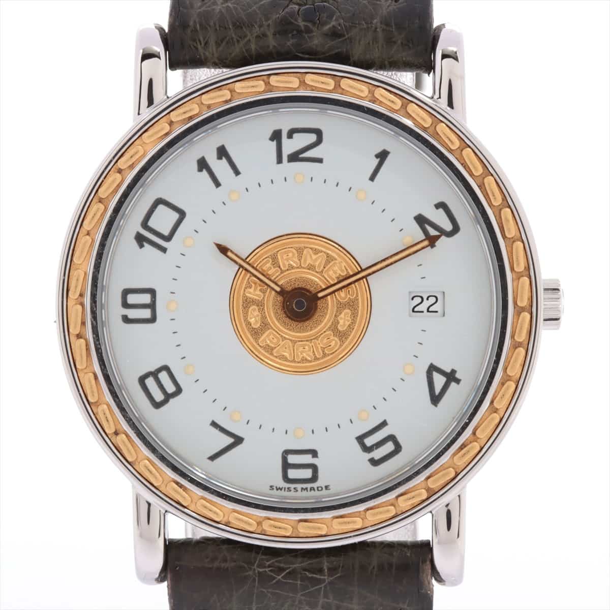 Hermès Sellier Watch SS x GP x leather QZ White-Face 〇 Y engraved (1995)