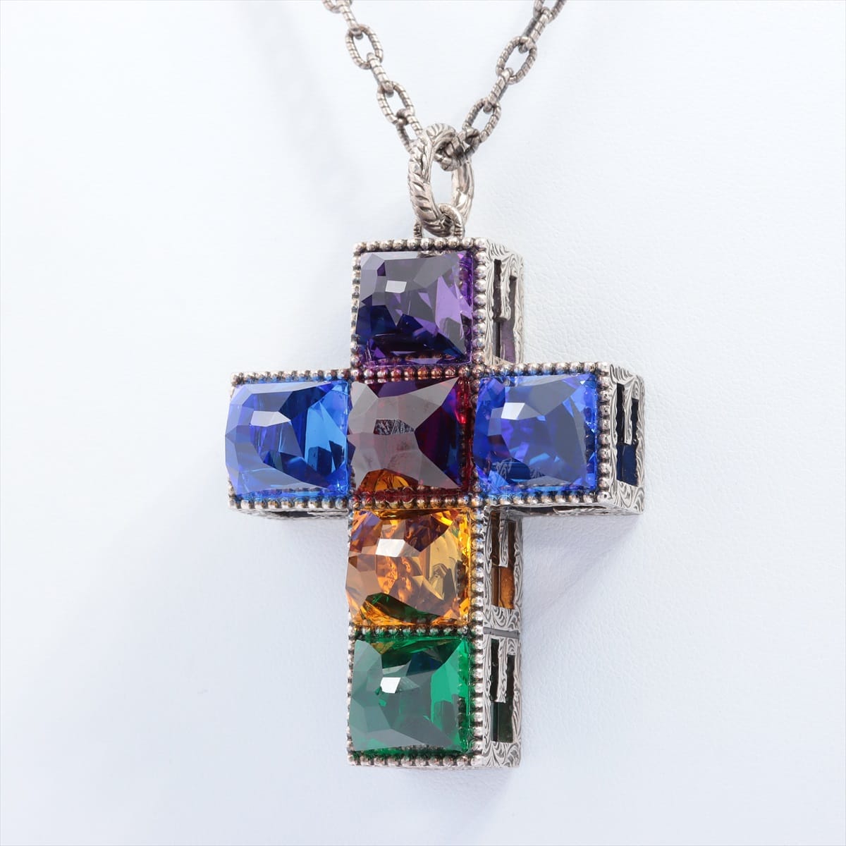 Gucci G cube Necklace 925 109.5g Silver Cross Citrine violet Red Blue Green Color stone