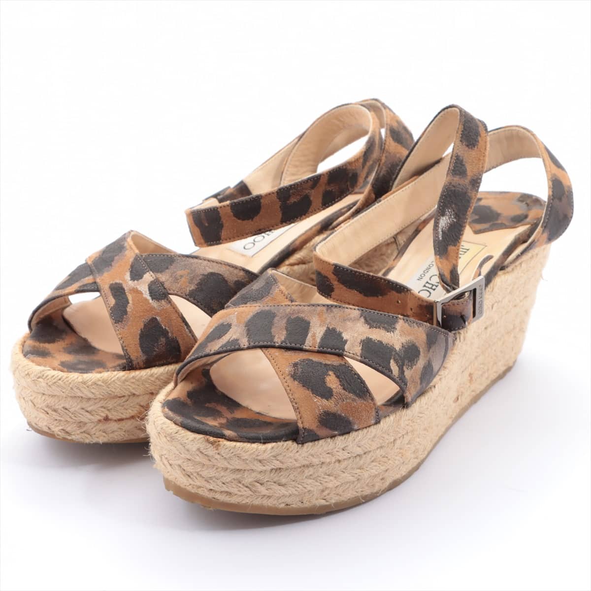 Jimmy Choo Suede Wedge Sole Sandals 36.5 Ladies' Black × Brown Leopard pattern