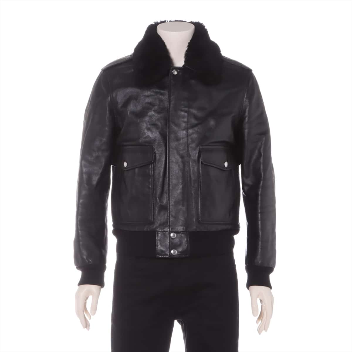 CELINE Calfskin Leather jacket 46 Men's Black  Collar boa Eddie period