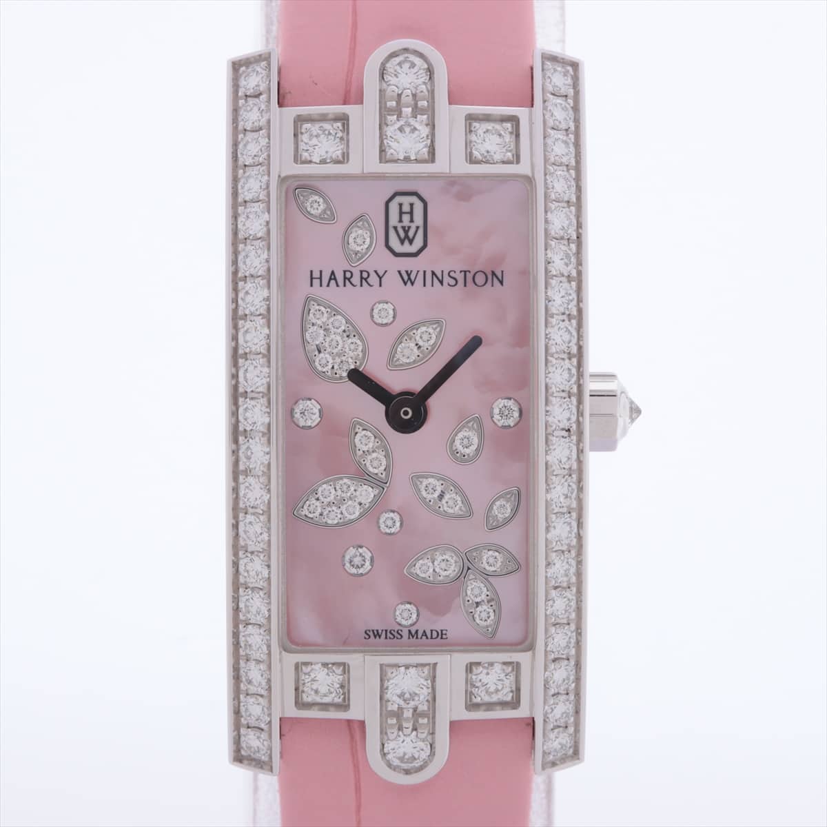 Harry Winston Avenue C Mini AVCQHM16WW055 750 & leather QZ Pink MOP dial