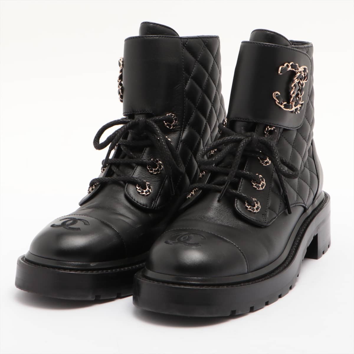 Chanel Coco Mark Matelasse 20A Leather Boots 38 Ladies' Black Lace up G36424 X51906 94305