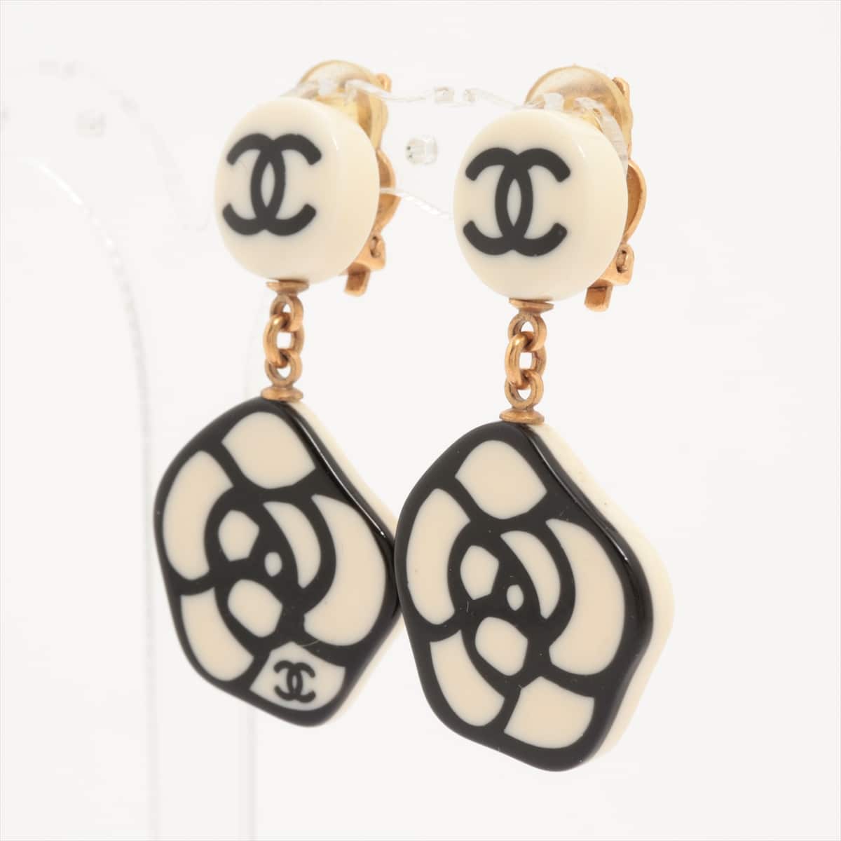 Chanel Coco Mark Camelia 03P Earrings (for both ears) GP x plastic Black × White