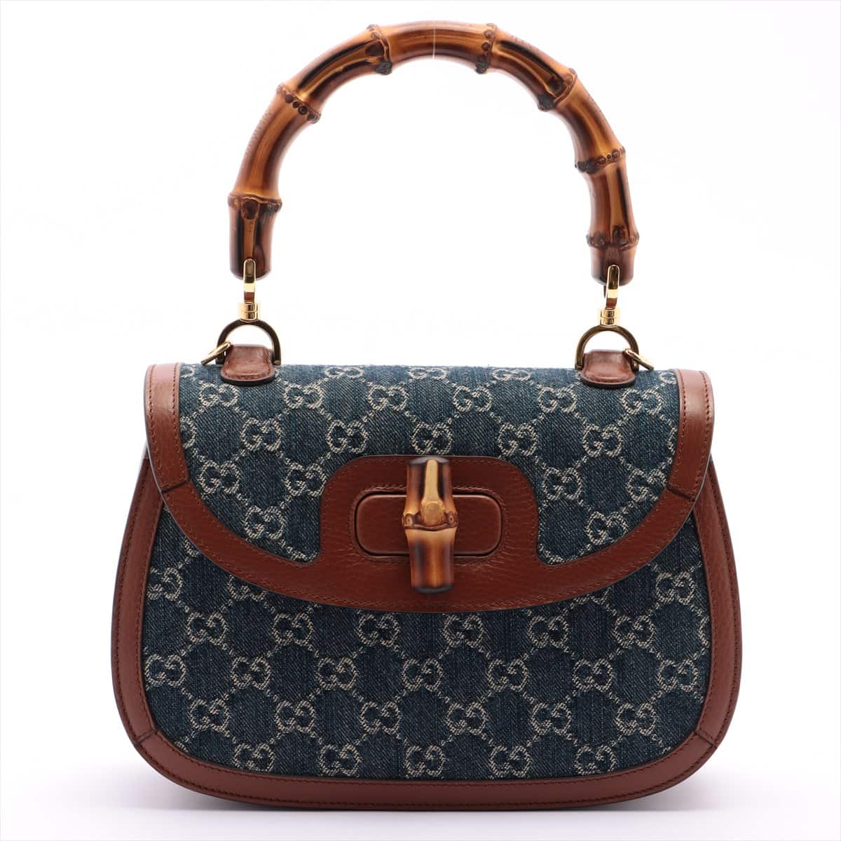Gucci Bamboo Denim & leather 2way handbag Blue 517337 With mirror Limited to Japan