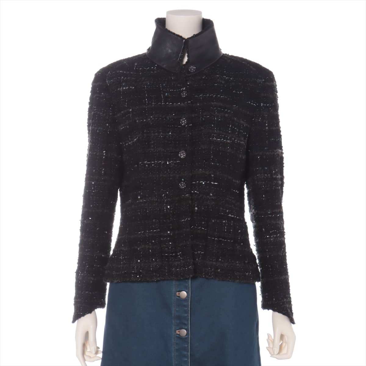 Chanel 02A Tweed Jacket 42 Ladies' Black  Removable collar