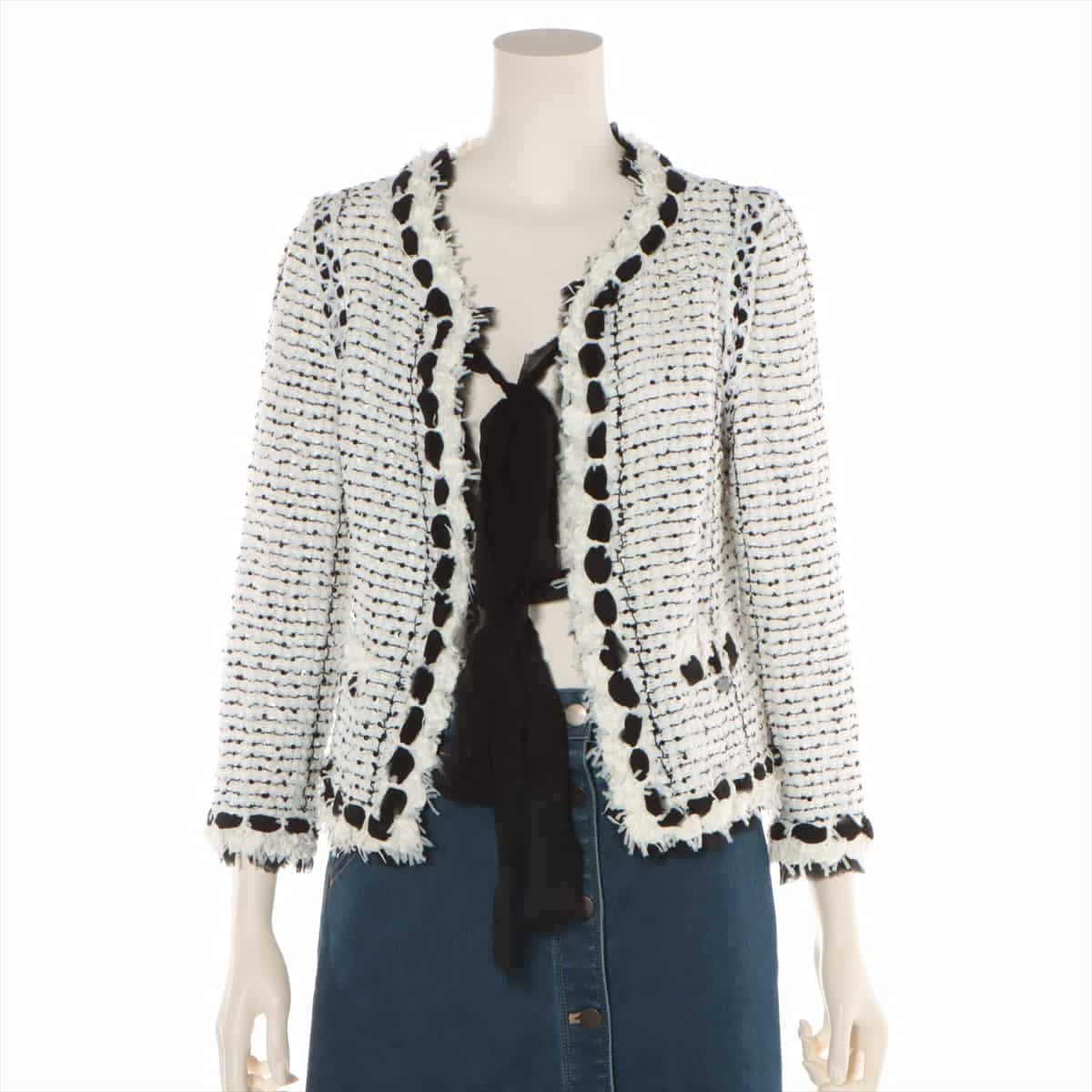 Chanel 05P Tweed Collarless jacket 40 Ladies' Black × White