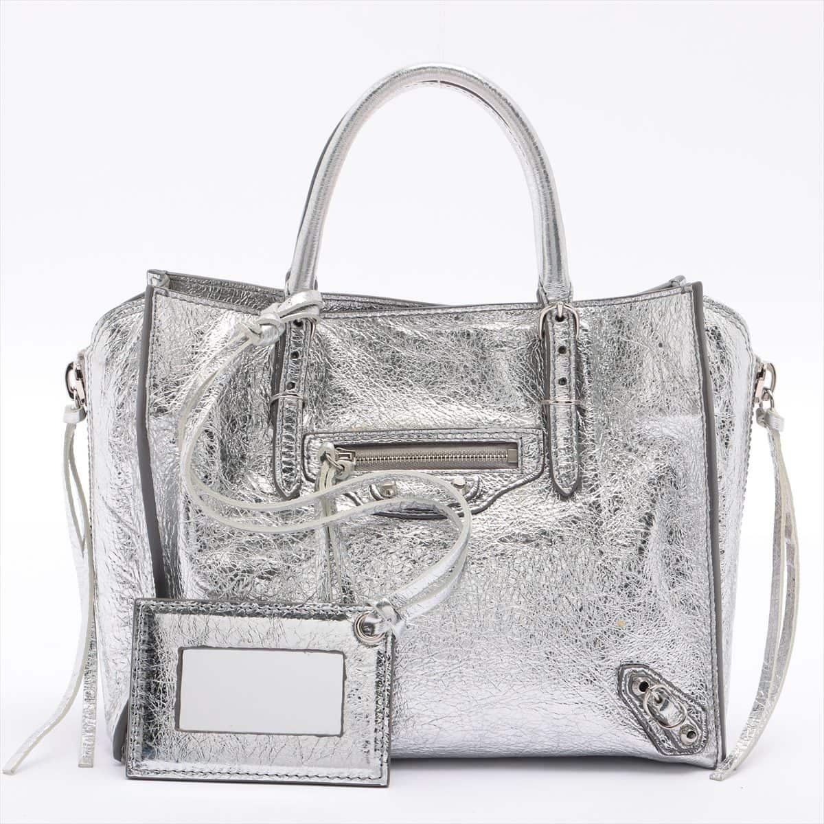 Balenciaga Papier Mini Leather 2way handbag Silver 357333 With mirror