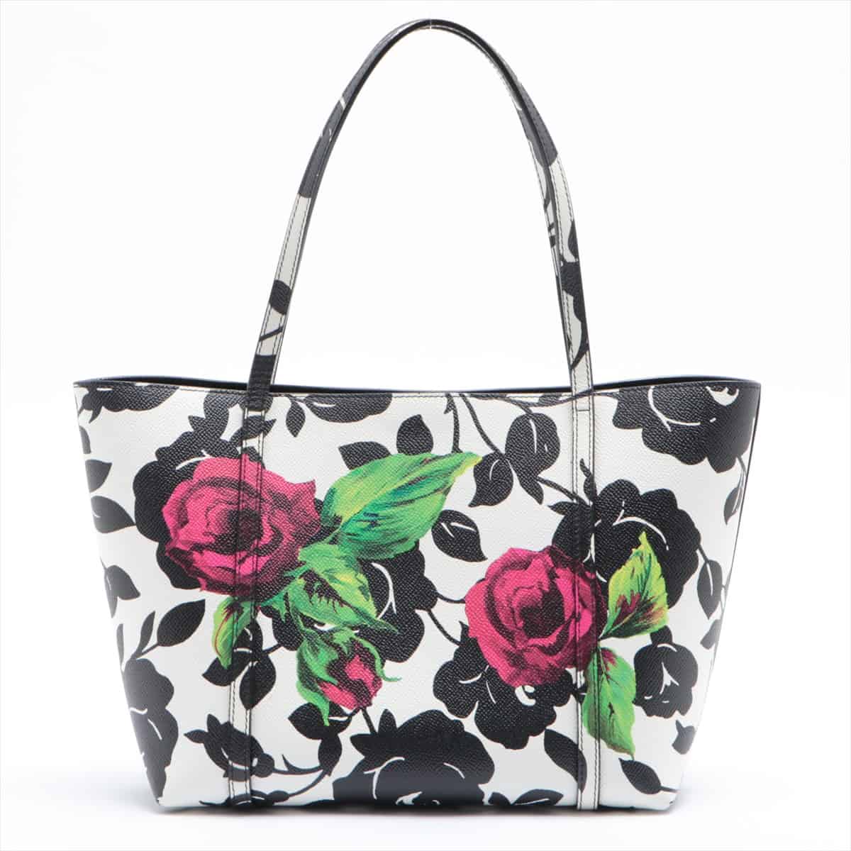 Dolce & Gabbana Leather Tote bag Black × White roses with pouch