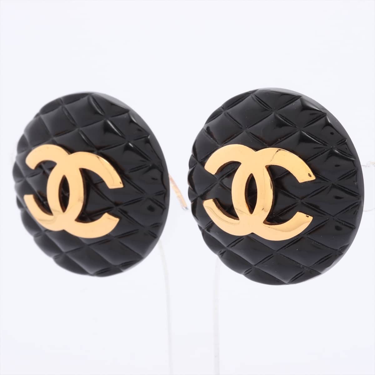 Chanel Coco Mark Matelasse Earrings (for both ears) GP x plastic Black×Gold