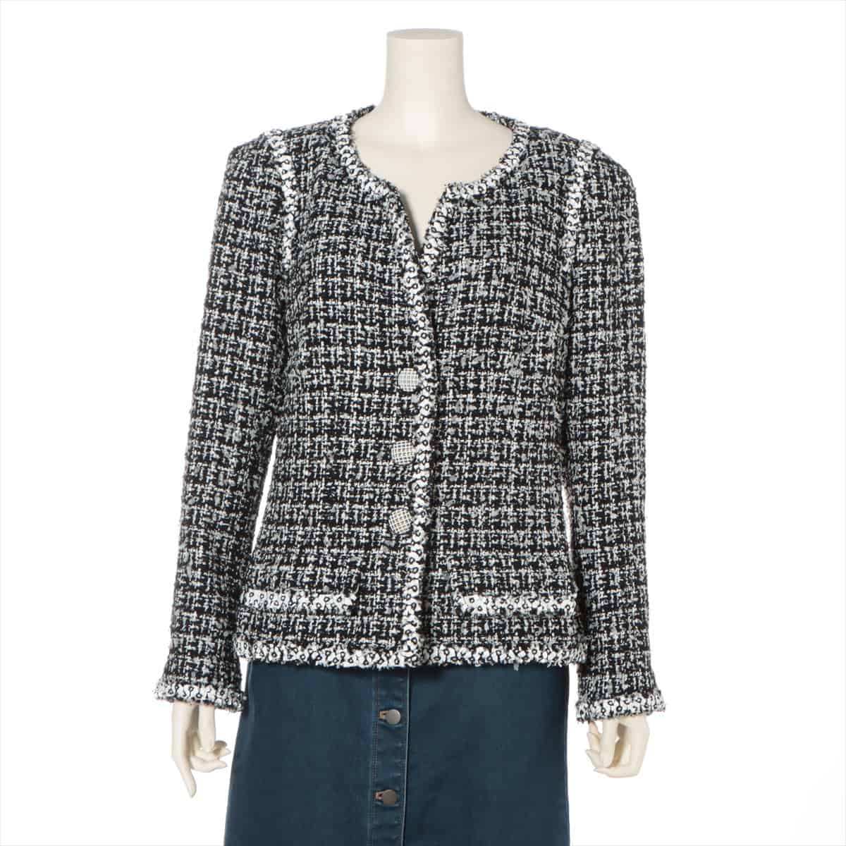 Chanel 09P Tweed Collarless jacket 46 Ladies' Black × White