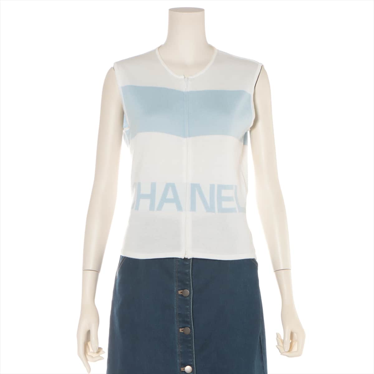 Chanel 00S Cotton Sleeveless Knit 38 Ladies' Blue x white  Logo