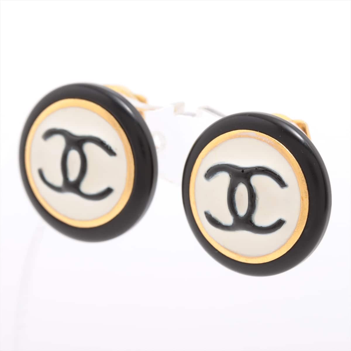 Chanel Coco Mark 97P Earrings (for both ears) GP Black × White