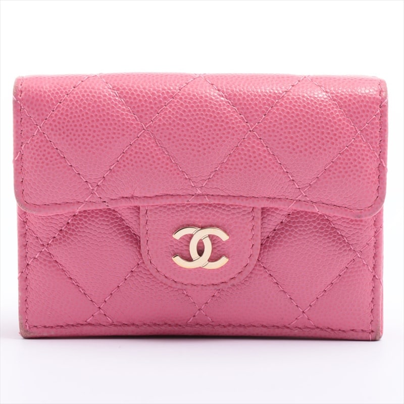 Chanel Matelasse Caviarskin Compact Wallet Coco Mark Pink Gold Metal fittings 29th
