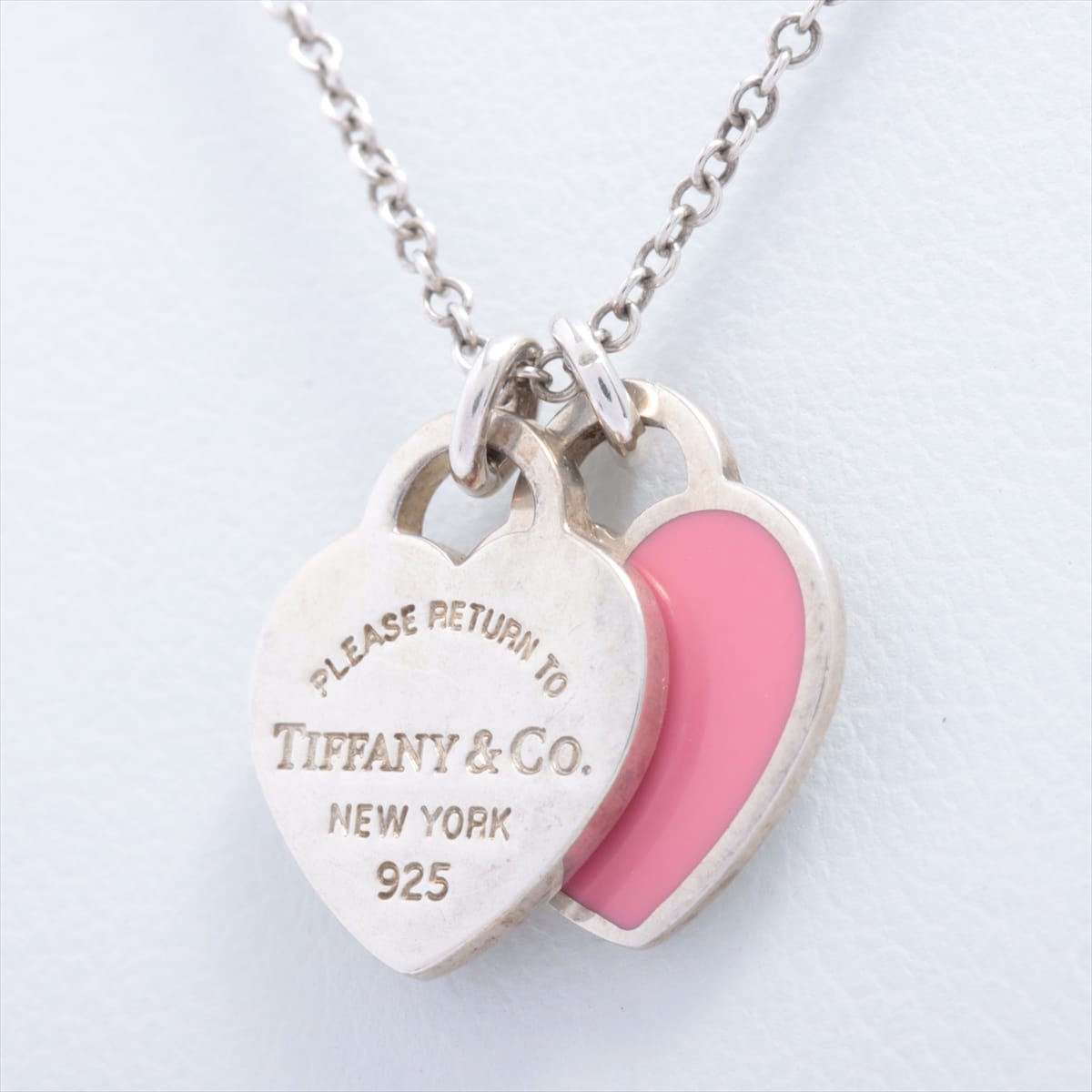 Tiffany Return To Tiffany Mini Double Heart Tag Necklace 925 2.8g Silver×Pink