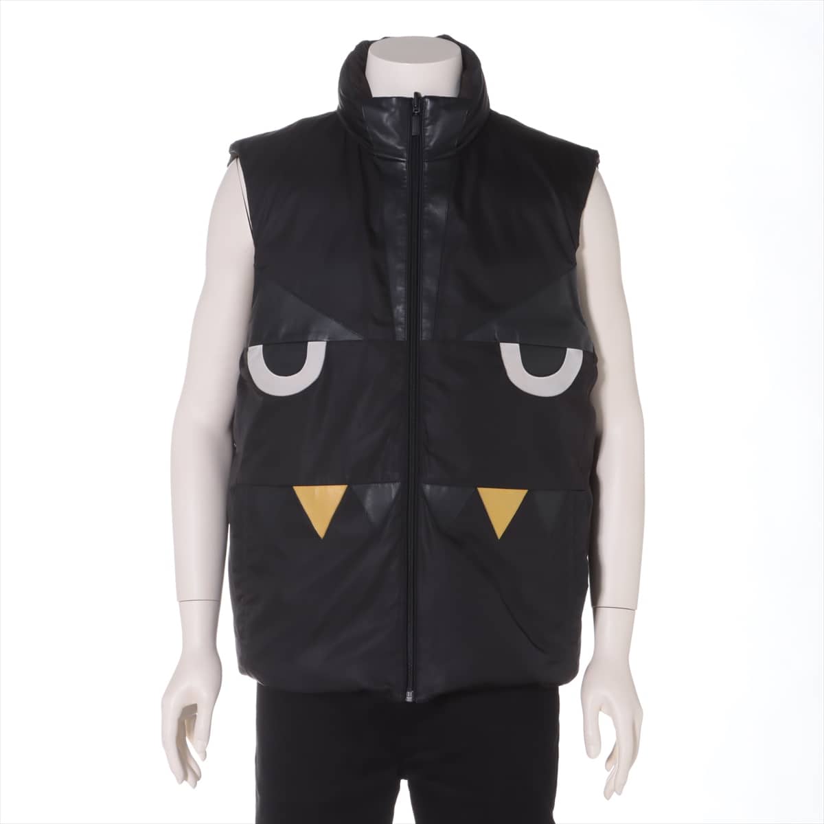 Fendi Monster Leather * Polyester Down vest 50 Men's Black x khaki  Reversible