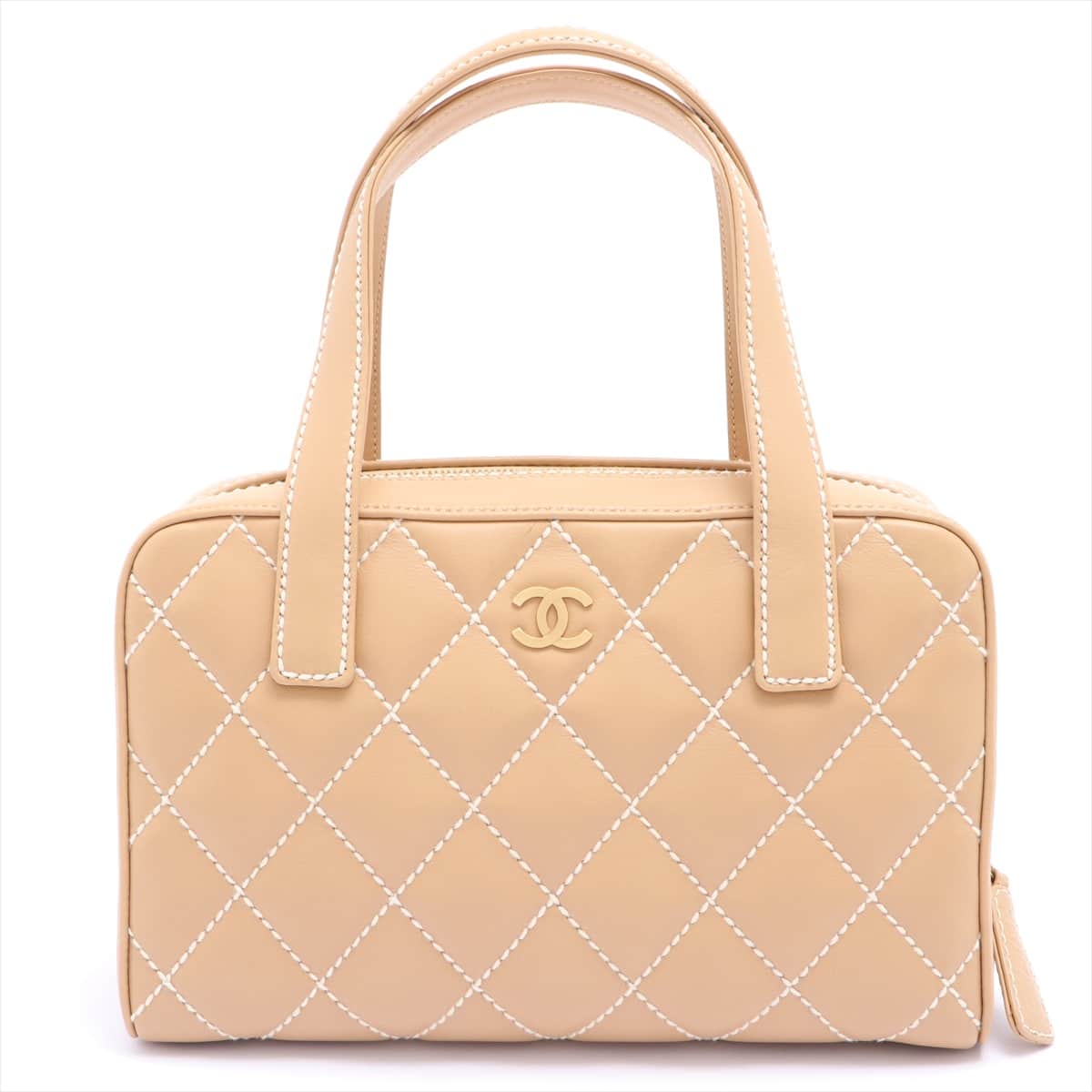 Chanel Wild Stitch Leather Hand bag Beige Gold Metal fittings with pouch