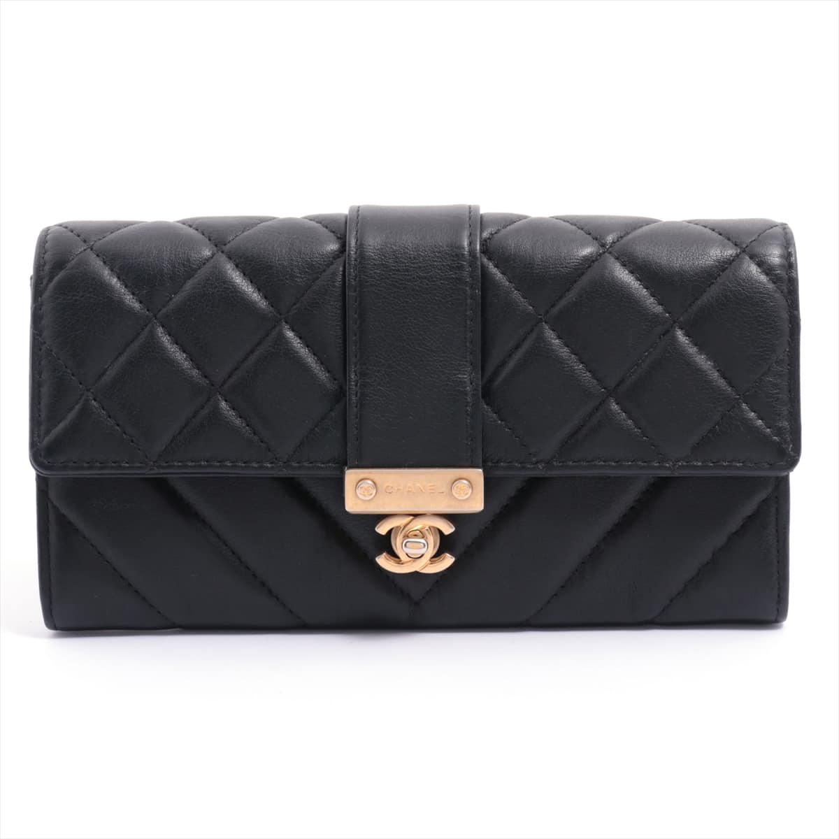 Chanel Turnlock Lambskin Wallet flaps Black Gold Metal fittings 28th