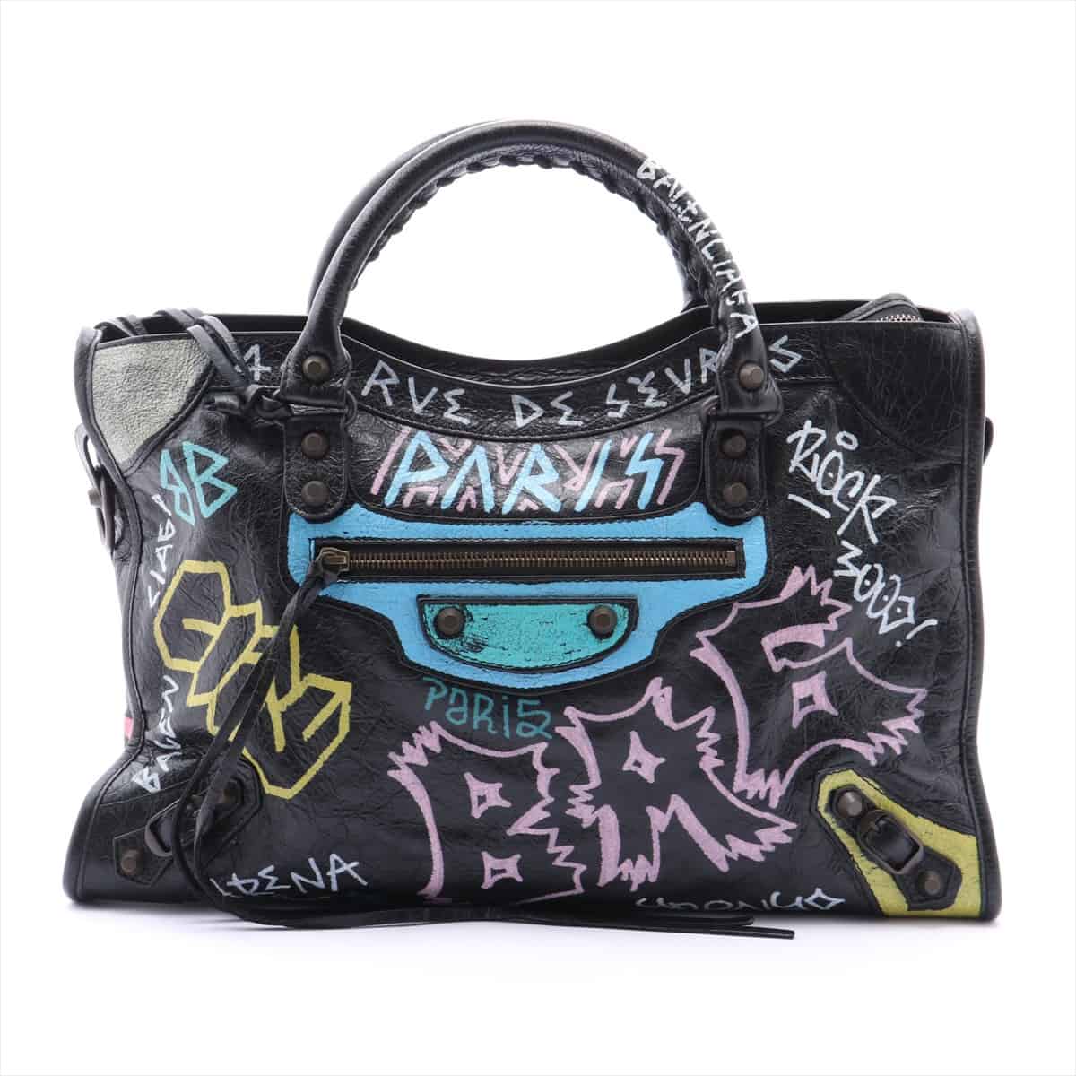Balenciaga Classic City Graffiti Leather 2way handbag Black 505550 With mirror
