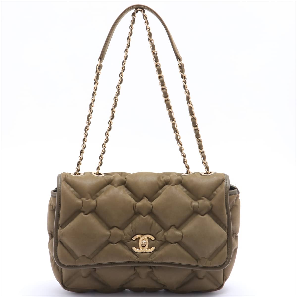Chanel Bubble Quilt Leather Single flap Double chain bag Khaki Gold Metal fittings 23XXXXXX with pouch