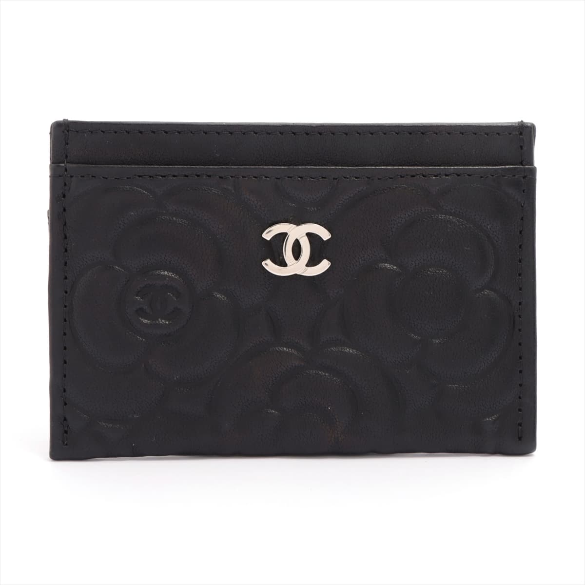 Chanel Camelia Leather Card Case Black Silver Metal fittings 27th
