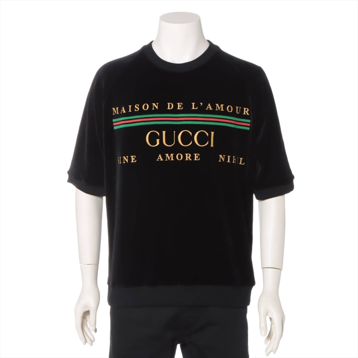 Gucci Velour T-shirt S Men's Black  596384 Embroidery chenille