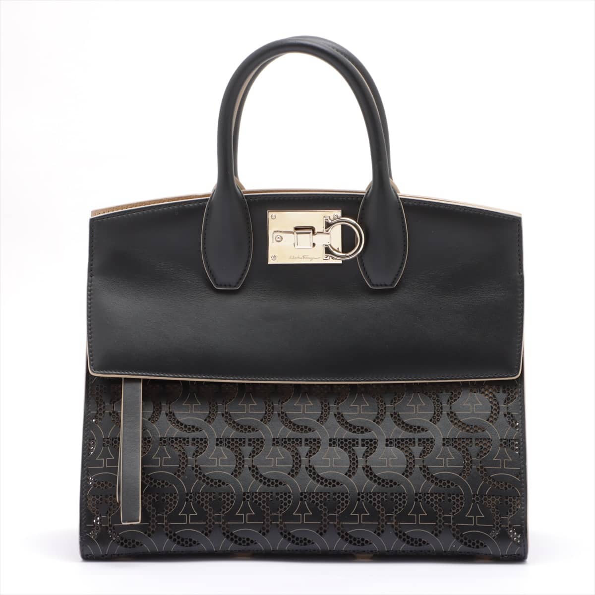 Ferragamo Gancini Studio Leather 2way handbag black x beige small