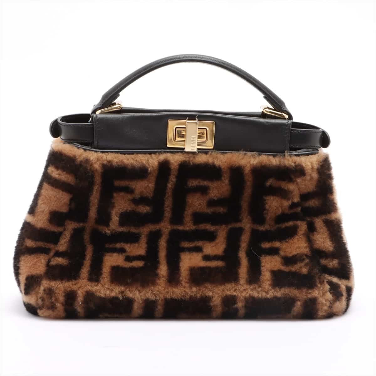 Fendi Mini Peek-a-boo ZUCCa Fur × Leather Hand bag Brown 8BN244