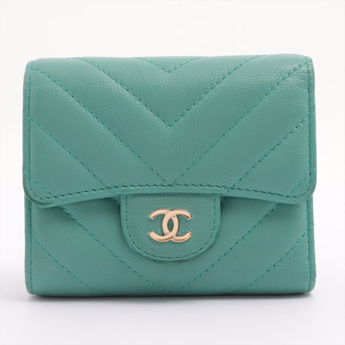Chanel V Stitch Caviarskin Wallet Green Gold Metal fittings 27th