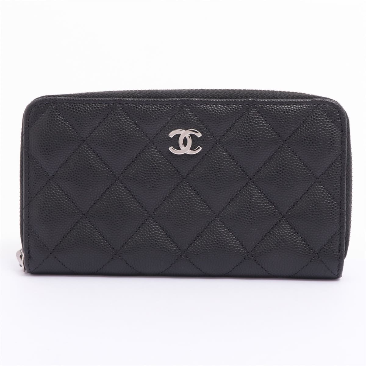 Chanel Matelasse Caviarskin Round-Zip-Wallet Black Silver Metal fittings 31st