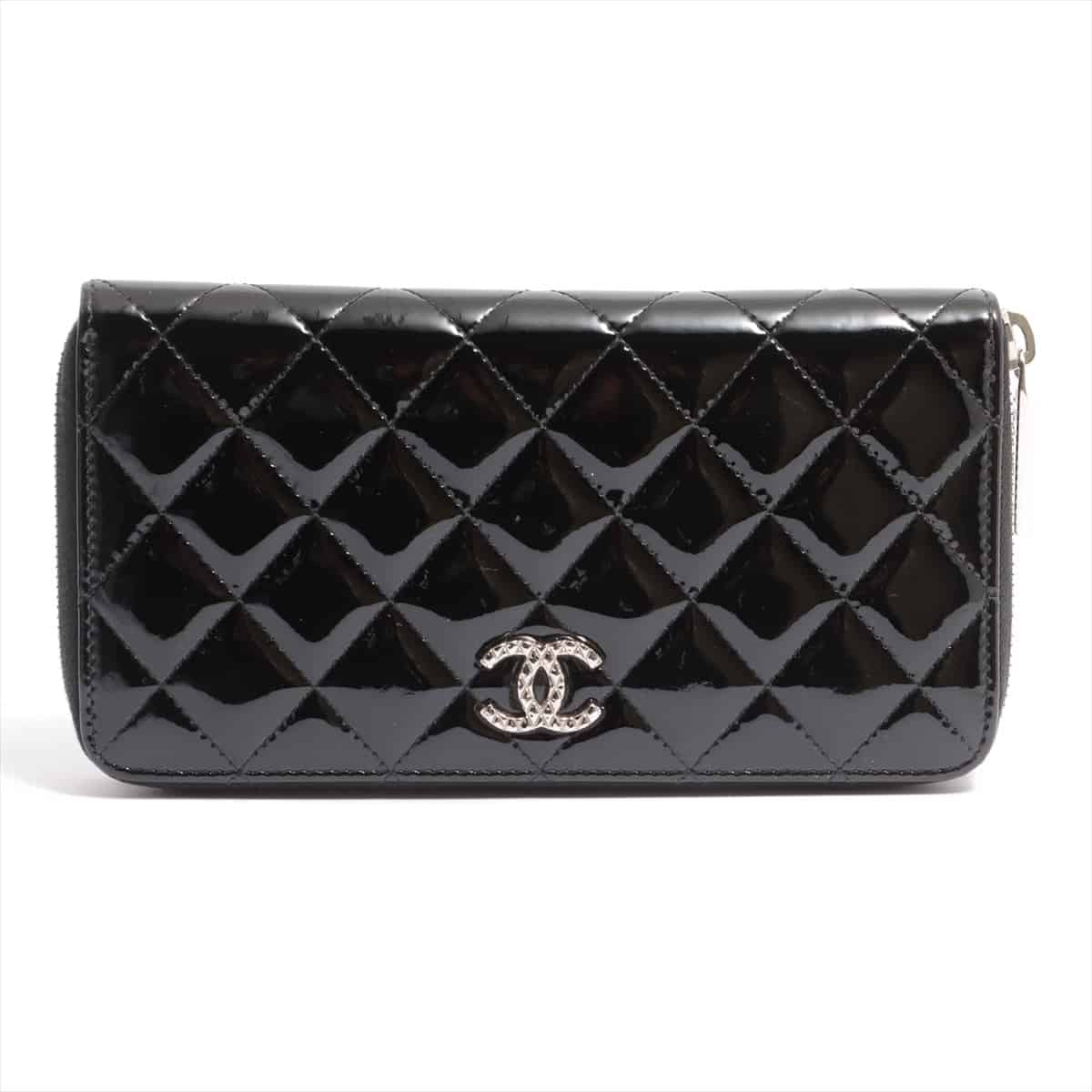 Chanel Brilliant Patent leather Round-Zip-Wallet Black Silver Metal fittings 22XXXXXX