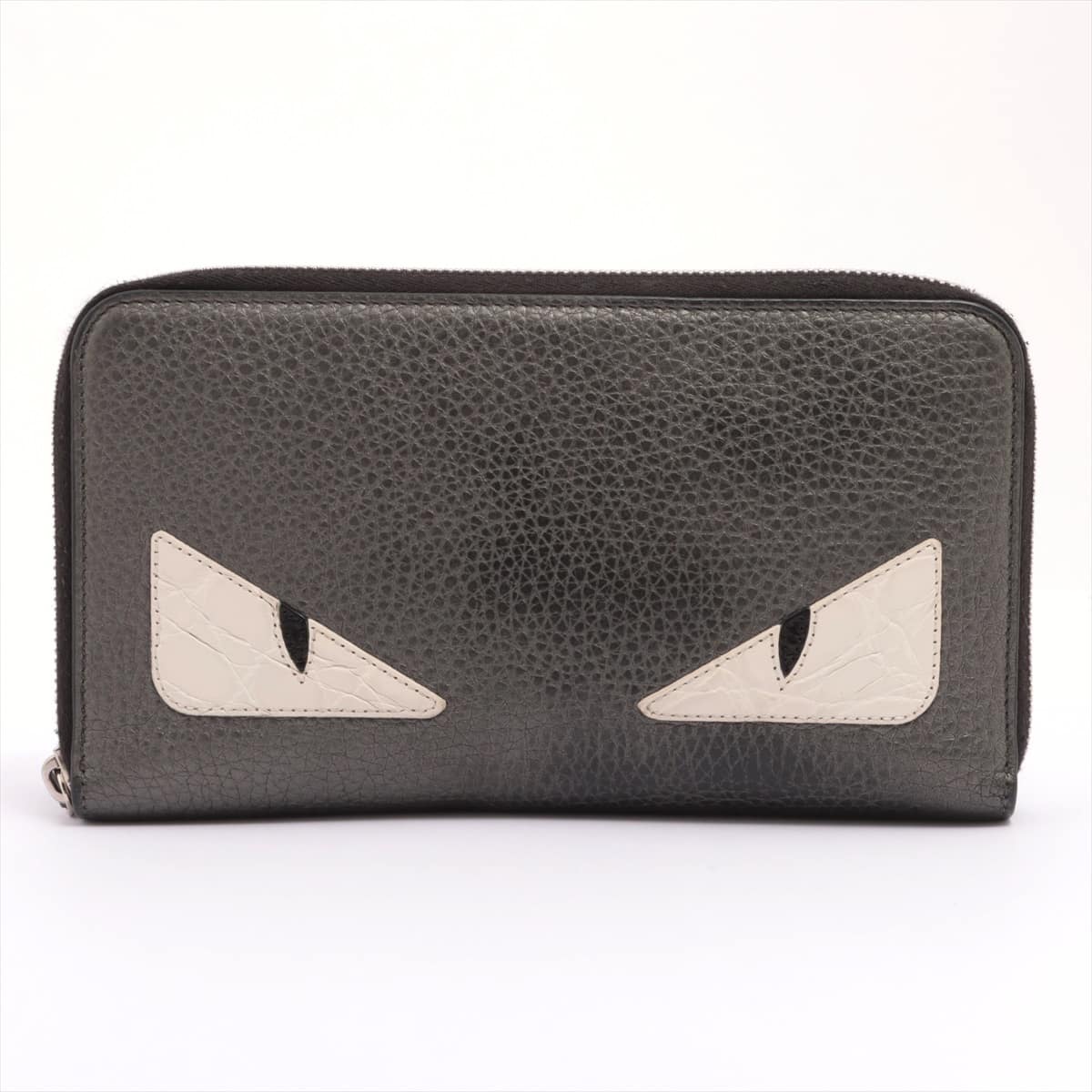 Fendi Monster 7M0275 Leather Round-Zip-Wallet Black x Gray